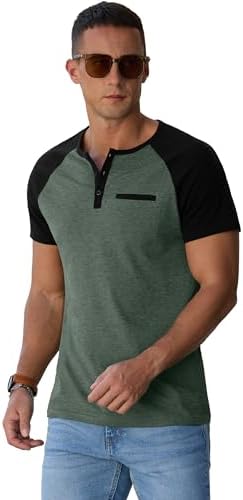 31Ukhc0OOjL._AC_.jpg Sailwind Henley Shirts for Men Short Sleeve Casual Summer Collarless Tee Basic T-Shirts Shirts Fashion Button Top with Pocket Green Black |