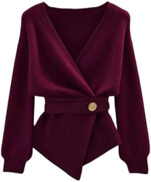 31VUea5rn5L._AC_.jpg GORGLITTER Women's Wrap Cardigan Deep V Neck Long Sleeve Dressy Sweater Business Casual Outfits Burgundy Large at Amazon Women’s Clothing store
