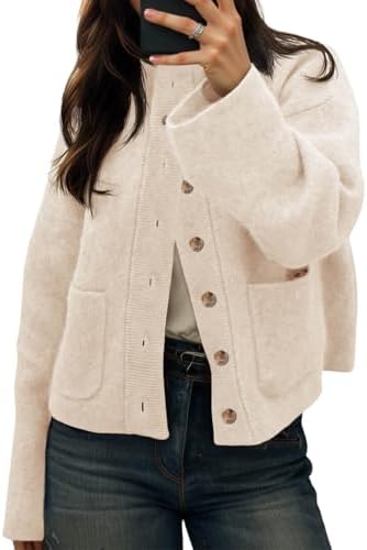 41848OOm6zL._AC_.jpg Cicy Bell Womens Chunky Knit Cardigan Sweaters Button Down Mock Neck Open Front Jacket Winter Casual Outerwear with Pockets Beige at Amazon Women’s Clothing store