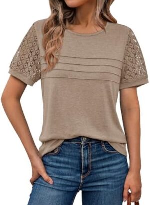 41B2UZrInFL._AC_.jpg AUTOMET Short Sleeve Shirts for Women Summer Tops 2026 Spring Fashion Dressy Casual Outfits Lace Trendy Top Cute Work T Shirt Business Vacation Clothes Blouses Khaki XL at Amazon Women’s Clothing store