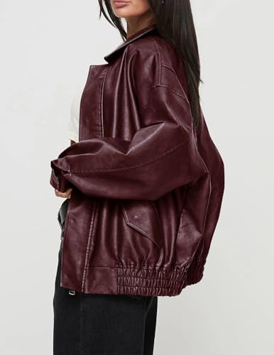 PRETTYGARDEN Women's Faux Leather Motorcycle Jacket Trendy Fall Spring Clothes Oversized Zip Up Winter Coat Outerwear (Wine Red,Large) at Amazon Women's Coats Shop