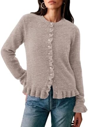 41Iw2FbfYHL._AC_.jpg PRETTYGARDEN Womens Fall Button Down Cardigans Chunky Knit Ruffle Open Front Cropped Cardigan Sweaters Soft Long Sleeve Tops (Oatmeal,Medium) at Amazon Women’s Clothing store