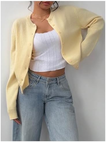 41Mgd9O0U-L._AC_.jpg SOLY HUX Women's Button Down Cropped Lightweight Cardigan Sweater Cute Fall Fashion 2025 Mustard Yellow X-Small at Amazon Women’s Clothing store