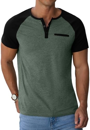 41MrsudUP0L._AC_.jpg Sailwind Henley Shirts for Men Short Sleeve Casual Summer Collarless Tee Basic T-Shirts Shirts Fashion Button Top with Pocket Green Black |