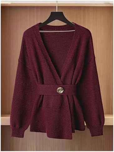41UNTIUUFSL._AC_.jpg GORGLITTER Women's Wrap Cardigan Deep V Neck Long Sleeve Dressy Sweater Business Casual Outfits Burgundy Large at Amazon Women’s Clothing store