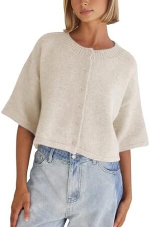 41Yv84R0yTL._AC_.jpg Springrain Cardigan Sweaters for Women Lightweight Knit Cropped Cardigan Button Up Solid Knitwear(Beige-L) at Amazon Women’s Clothing store