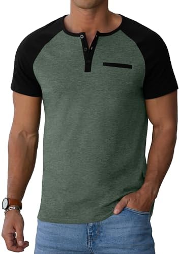 41Yx8hIKXaL._AC_.jpg Sailwind Henley Shirts for Men Short Sleeve Casual Summer Collarless Tee Basic T-Shirts Shirts Fashion Button Top with Pocket Green Black |
