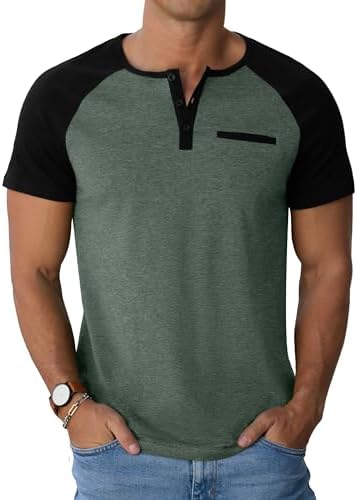 41aToBp3MIL._AC_.jpg Sailwind Henley Shirts for Men Short Sleeve Casual Summer Collarless Tee Basic T-Shirts Shirts Fashion Button Top with Pocket Green Black |