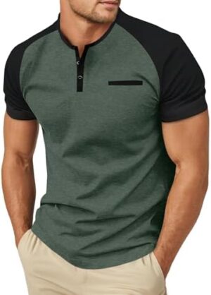 41bvbK6IhBL._AC_.jpg Sailwind Henley Shirts for Men Short Sleeve Casual Summer Collarless Tee Basic T-Shirts Shirts Fashion Button Top with Pocket Green Black |