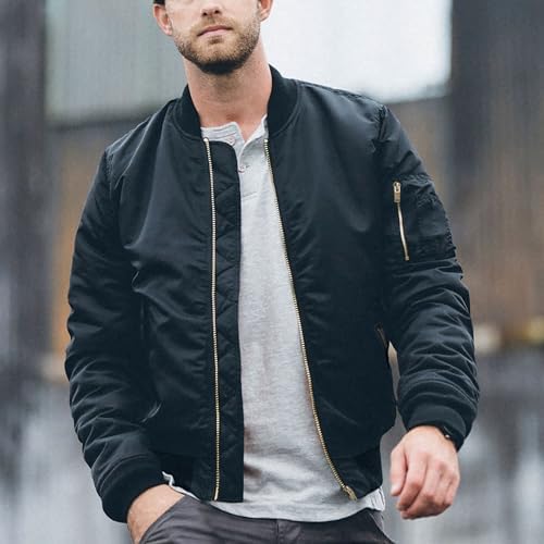41fxGD6UGJL._AC_.jpg TACVASEN Black Bomber Jacket Men Zip Up Winter Windbreaker Lightweight Softshell Coats Outwear Black, M at Amazon Men’s Clothing store
