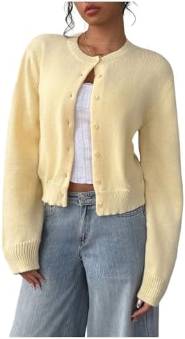 41nEm6xpYfL._AC_.jpg SOLY HUX Women's Button Down Cropped Lightweight Cardigan Sweater Cute Fall Fashion 2025 Mustard Yellow X-Small at Amazon Women’s Clothing store
