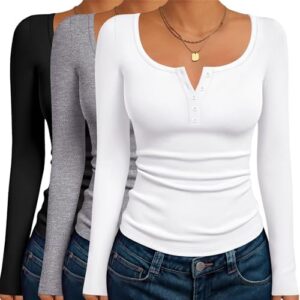 41pyKResoNL._AC_.jpg Ekouaer Long Sleeve Shirts for Women 3 Packs Henley Fall Button Tops Slim Fit Casual Thermal Underscrub Black/Light Gray/White (3pcs) L : Clothing, Shoes & Jewelry