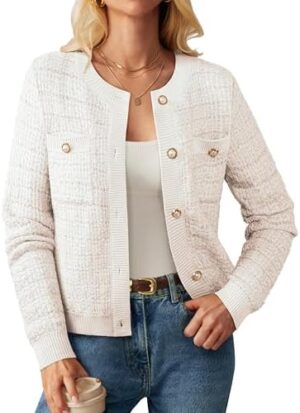 41t40Q0X8L._AC_.jpg Womens 2024 Long Sleeve Crew Neck Cardigan Button Down Knitted Shirt Outerwear with Pockets White at Amazon Women’s Clothing store