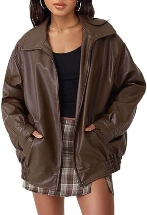 41xzSNJY6XL._AC_.jpg AUTOMET Women's Oversized Faux Leather Jacket - Fall Motorcycle Style Coat with Zipper Closure Brown M at Amazon Women's Coats Shop