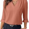 1 EVALESS Women's 3/4 Sleeve Top, Fashion Casual Ruched V-Neck Business Work Blouse, Office Shirt