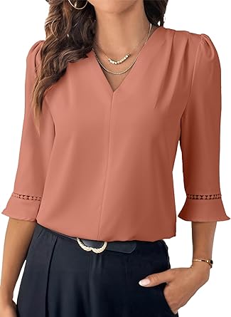1 EVALESS Women's 3/4 Sleeve Top, Fashion Casual Ruched V-Neck Business Work Blouse, Office Shirt