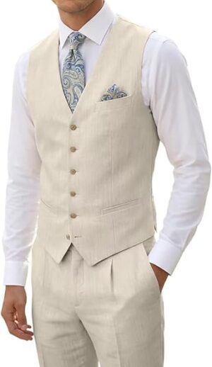 51gPXScNLiL._AC_SX342_ High-end Linen Suit, Men's 2-Piece Slim-fit Outfit, Silver Lightweight Casual Tuxedo with Vest & Pants, for Beach, Summer, Wedding and Groomsmen