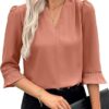 611tdVSFlwL._AC_SY445_ EVALESS Women's 3/4 Sleeve Top, Fashion Casual Ruched V-Neck Business Work Blouse, Office Shirt