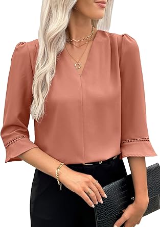 611tdVSFlwL._AC_SY445_ EVALESS Women's 3/4 Sleeve Top, Fashion Casual Ruched V-Neck Business Work Blouse, Office Shirt