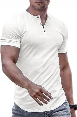 616D7YALCnL._AC_SY550_ Men's Muscle Slim Fit Henley Shirt, Crew Neck Longline T-Shirt, Button Casual Sports Tee for Gym & Workout