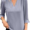 61EJ0vvyKAL._AC_SY445_ EVALESS Women's 3/4 Sleeve Top, Fashion Casual Ruched V-Neck Business Work Blouse, Office Shirt
