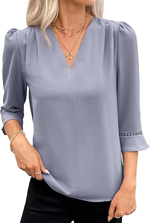 61EJ0vvyKAL._AC_SY445_ EVALESS Women's 3/4 Sleeve Top, Fashion Casual Ruched V-Neck Business Work Blouse, Office Shirt