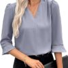 61FMcqtgD0L._AC_SY445_ EVALESS Women's 3/4 Sleeve Top, Fashion Casual Ruched V-Neck Business Work Blouse, Office Shirt