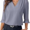 61MkrL-XboL._AC_SY445_ EVALESS Women's 3/4 Sleeve Top, Fashion Casual Ruched V-Neck Business Work Blouse, Office Shirt