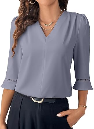 61MkrL-XboL._AC_SY445_ EVALESS Women's 3/4 Sleeve Top, Fashion Casual Ruched V-Neck Business Work Blouse, Office Shirt