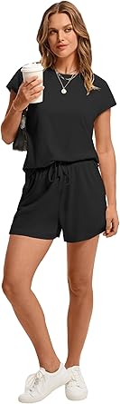 61fDySElHUL._AC_SY445_ WIHOLL Two Piece Sets for Women Summer Crew Neck Lounge Short Sets Cap Sleeve Drawstring Sweatsuit with Pocket