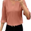 61pRxOX1SAL._AC_SY445_ EVALESS Women's 3/4 Sleeve Top, Fashion Casual Ruched V-Neck Business Work Blouse, Office Shirt