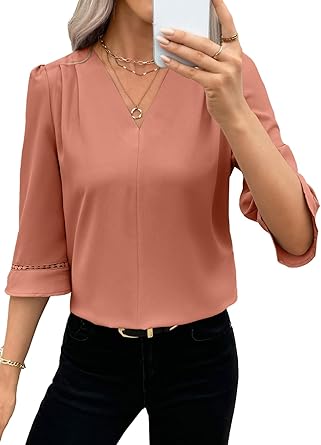 61pRxOX1SAL._AC_SY445_ EVALESS Women's 3/4 Sleeve Top, Fashion Casual Ruched V-Neck Business Work Blouse, Office Shirt