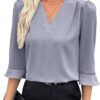 61vHg+r07NL._AC_SY445_ EVALESS Women's 3/4 Sleeve Top, Fashion Casual Ruched V-Neck Business Work Blouse, Office Shirt