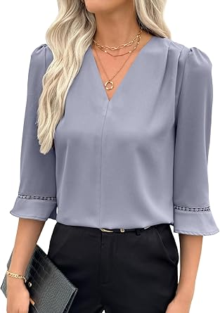 61vHg+r07NL._AC_SY445_ EVALESS Women's 3/4 Sleeve Top, Fashion Casual Ruched V-Neck Business Work Blouse, Office Shirt