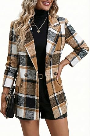 Mina Self Women's 2026 Plaid Houndstooth Coat - Lightweight Fully Lined Button Casual Daily Office Work Jacket with Pockets