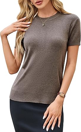 81L7U6oKlUL._AC_SY445_ Arach&Cloz Women's Lightweight Wool-Blend Short Sleeve Sweater Top, Business & Casual Style