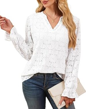 81M3yPf7zGL._AC_SX342_ RUMIA Women's Blouse, V-Neck Eyelet Lace Lined Dress Shirt, Sheer Long-Sleeve Embroidered Top, 2025 Fashion
