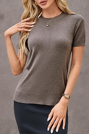 81OxHXgI-mL._AC_SY445_ Arach&Cloz Women's Lightweight Wool-Blend Short Sleeve Sweater Top, Business & Casual Style