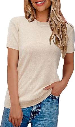 81bOLZYYrUL._AC_SY445_ Arach&Cloz Women's Lightweight Wool-Blend Short Sleeve Sweater Top, Business & Casual Style