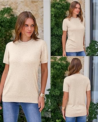 81p2MbOhWrL._AC_SX342_ Arach&Cloz Women's Lightweight Wool-Blend Short Sleeve Sweater Top, Business & Casual Style
